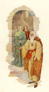 Il vecchio invita il cavaliere nel palazzo in rovina (litografia a colori) da Harry George Theaker
