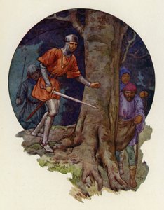 "Finalmente i fuorilegge!", gridò lo sceriffo, e con la spada sguainata corse verso il luogo in cui le figure erano scomparse (litografia a colori). da Harry George Theaker
