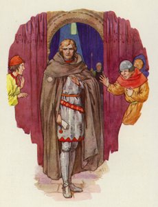Il palmer si tirò indietro il cappuccio e la veste, aprendosi, lo mostrò in armatura completa (litografia a colori)