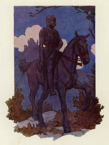 Lo strano cavaliere si avvicinò a loro, cavalcando un grande cavallo nero e armato tutto di nero (litografia a colori).