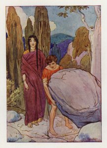 Teseo che solleva la grande roccia, sotto la quale si trovano la spada e i sandali (litografia a colori) da Harry George Theaker