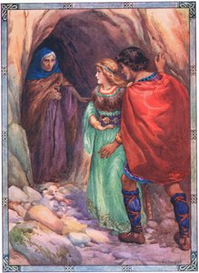 Giunsero a una grotta in riva al mare (da Diarmud e Grania) (litografia a colori) da Harry George Theaker