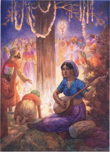 Venivano con ghirlande, lampade e musica. Dalla Colonna dei Re, illustrazione da "Storie per bambini dalle leggende indiane", anni 