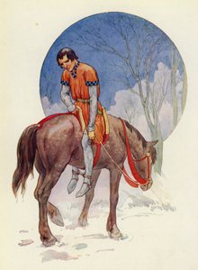 Così Guy partì a cavallo, rivolto verso di loro, con i piedi ben saldi sotto il cavallo (litografia a colori). da Harry George Theaker