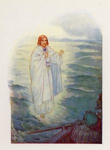 Camminando sul mare agitato, i pescatori videro la figura di Gesù (litografia a colori) da Harry George Theaker