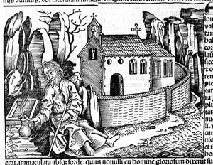 Un pellegrino si ferma in un monastero durante il suo viaggio dopo la "Cronaca di Norimberga" di Hartmann Schedel da Hartmann Schedel