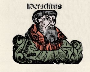 Ritratto del filosofo greco Eraclito di Efeso (576-480 a.C.). Xilografia delle "Cronache di Norimberga" di Hartmann Schedel