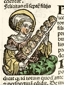 Rappresentazione di Santa Felicita, martirio a Roma con le teste dei suoi sette figli. xilografia di Hartmann Schedel 