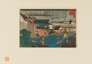 Stampa su legno - Scena di pioggia a kita-shinchi a Osaka. Persone con ombrelli, XIX secolo