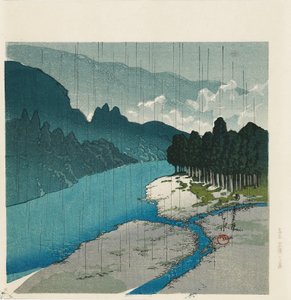 Stampa su legno - Pioggia al fiume Okutama, 1988 da Hasui Kawase