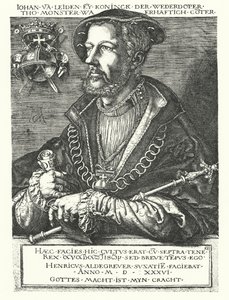 Giovanni di Leida, leader anabattista olandese e uno dei capi della ribellione di Münster del 1534-1535 (incisione) da Heinrich (after) Aldegrever