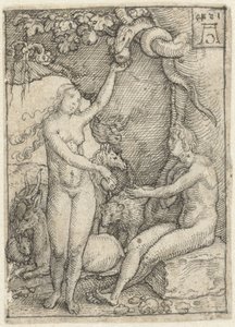 Eva porge la mela ad Adamo sotto l