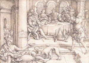 Lazzaro che chiede briciole dalla tavola di Dive, 1552 da Heinrich Aldegrever