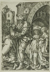 Lot e la sua famiglia in fuga da Sodoma, dalla Storia di Lot da Heinrich Aldegrever