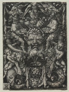 Disegno ornamentale con una maschera, una coppia di tritoni e due bambini sotto, 1549 da Heinrich Aldegrever