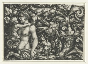 Ornamento con fogliame e una tritone femmina con bambino da Heinrich Aldegrever