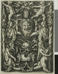Disegno ornamentale con una coppia di satiri, bambini e un trofeo da Heinrich Aldegrever