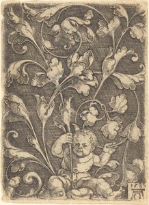 Ornamento a voluta con bambino seduto da Heinrich Aldegrever