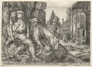 La parabola del buon samaritano: il buon samaritano mette il viaggiatore sul suo asino da Heinrich Aldegrever