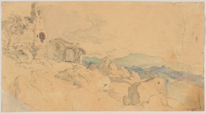 Paesaggio montano con capanna e rovina da Heinrich Burkel