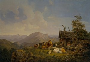 Paesaggio in Oberbayen con pastori e il loro bestiame che riposa vicino a una capanna da Heinrich Burkel