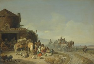 Viaggiatori davanti a una locanda lungo la strada da Heinrich Burkel