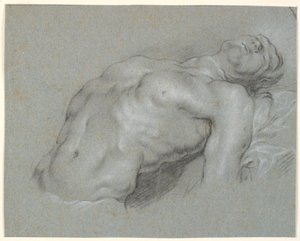 Parte superiore del corpo di un modello maschile fortemente inclinato all