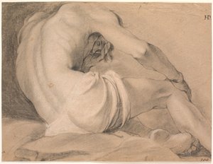 Modello maschile seduto, visto da dietro dal basso