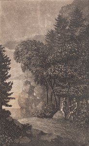Paesaggio con rocce e grandi alberi, a destra due uomini da Heinrich Grosch