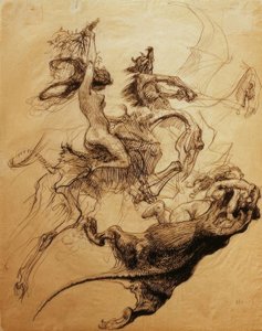 Donna nuda che cavalca uno scheletro e diavolo su uno pterodattilo