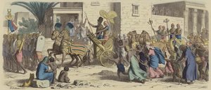 Un faraone egiziano antico che parte per la guerra (incisione colorata)