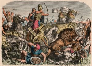 Antico Egitto: Faraone Ramses II combatte contro i leoni da guerra dell