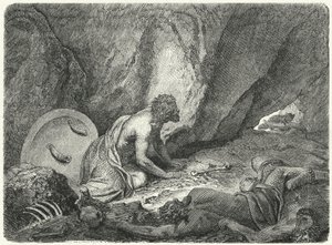 Aristomene che fugge dalla fossa in cui era stato gettato dagli Spartani da Heinrich Leutemann