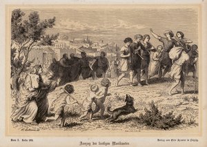 Partenza di una troupe di musicisti romani (incisione) da Heinrich Leutemann