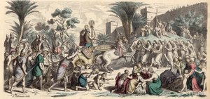 Accoglienza di un esercito assiro vittorioso (incisione colorata)