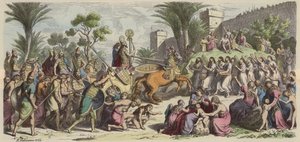 Accoglienza di un esercito assiro vittorioso (incisione colorata)