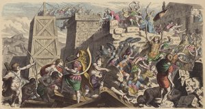 Soldati romani che assaltano una città (incisione colorata)