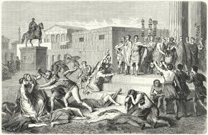 Il triumvirato di Marco Antonio, Marco Emilio Lepido e Ottaviano che proclamano proscrizioni contro i loro nemici politici, 43 a.C. da Heinrich Leutemann