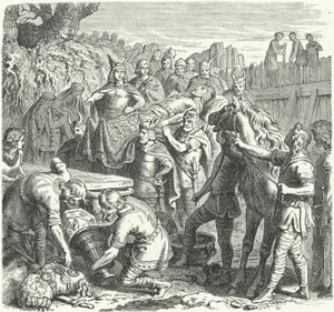 La sepoltura di Alarico I, Re dei Visigoti, nel letto del fiume Busento, 410 (incisione) da Heinrich Leutemann