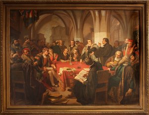 Dialogo religioso di August Noack nel castello di Marburgo 1869 con cornice da Heinrich Stürzl
