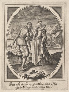 Un uomo si avvicina a una donna che tiene un calice alla bocca, un mulino ad acqua e montagne da Heinrich Ulrich
