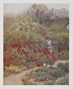 Una donna che apre un cancello in un giardino, illustrazione da 