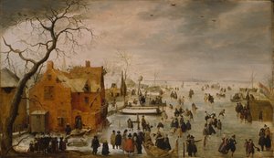 Olandese: IJslandschap / Pattinaggio su ghiaccio Paesaggio invernale con numerosi pattinatori