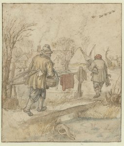 Ritorno dei cacciatori di anatre / verso: Schizzi di navi e di un uomo in abiti invernali da Hendrick Avercamp