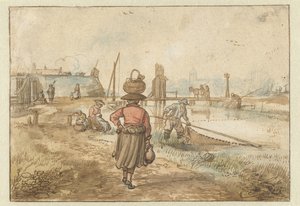 Paesaggio fluviale con donna che porta un cesto sulla testa, pescatori e altre figure vicino alle mura di una città da Hendrick Avercamp