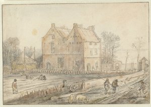 Veduta di una casa di campagna con seminatori nel campo da Hendrick Avercamp