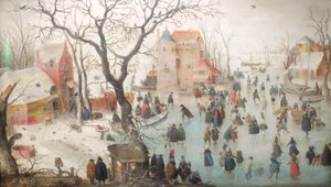 Paesaggio invernale con pattinatori sul ghiaccio
