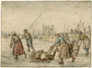Paesaggio invernale con due donne e una slitta e altre figure sul ghiaccio, una forca in lontananza da Hendrick Avercamp