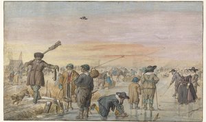 Scena invernale sul ghiaccio, con un cacciatore che mostra una lontra da Hendrick Avercamp