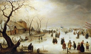 Paesaggio invernale con figure e tende sul ghiaccio